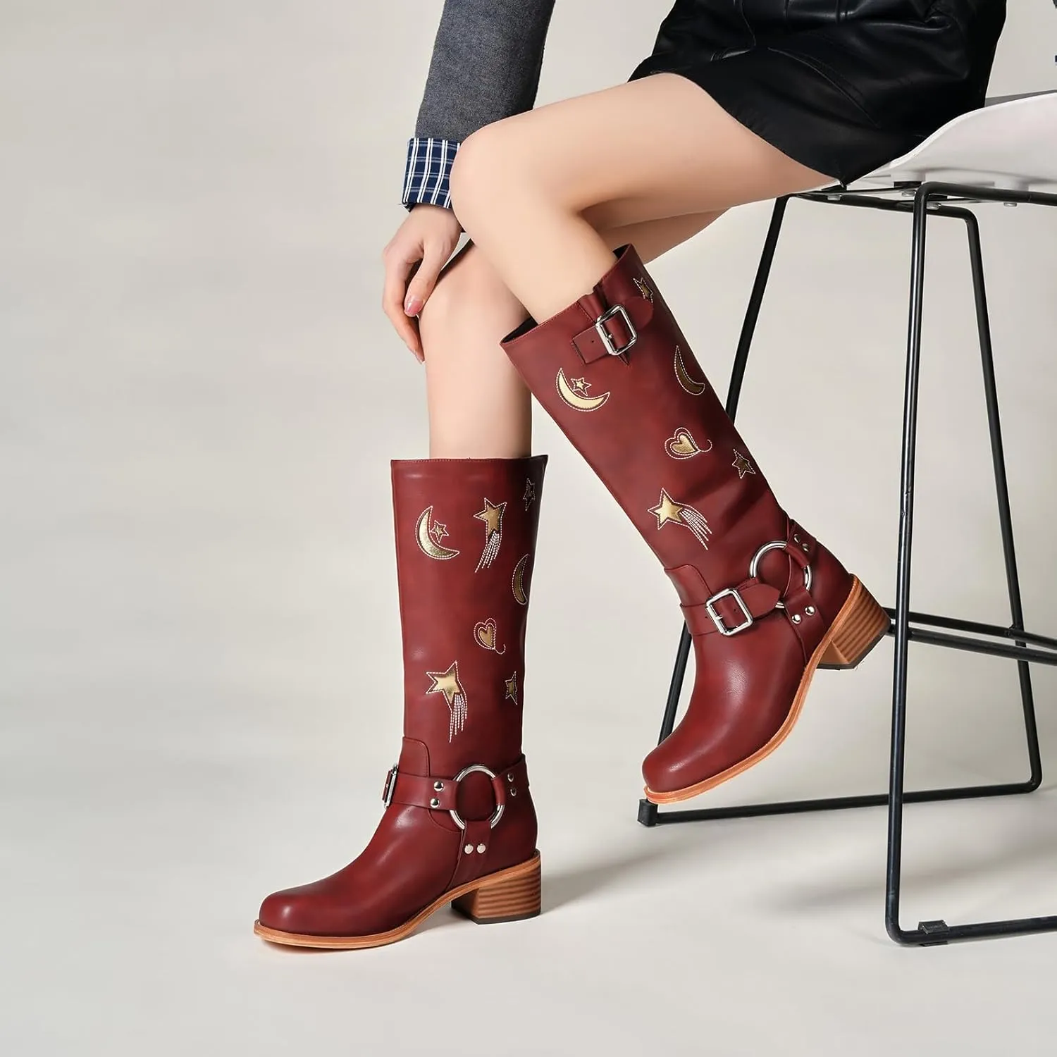 Riding Boots for Women Knee High with Buckle Stars Moon Heart Patterns Low Heel