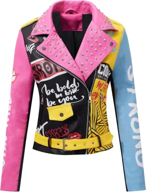 RISISSIDA Women Faux Leather Jacket Studded Rivet Spring Fall Winter Fashion, Moto Biker Trendy Clothes Streetwear Belted