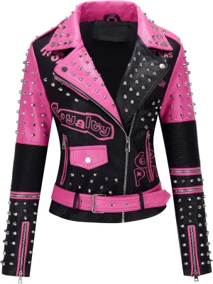RISISSIDA Women Faux Leather Jacket Studded Rivet Spring Fall Winter Fashion, Moto Biker Trendy Clothes Streetwear Belted