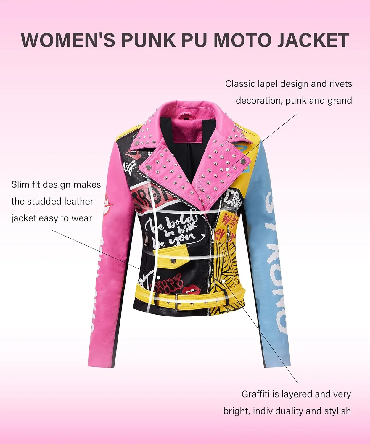 RISISSIDA Women Faux Leather Jacket Studded Rivet Spring Fall Winter Fashion, Moto Biker Trendy Clothes Streetwear Belted