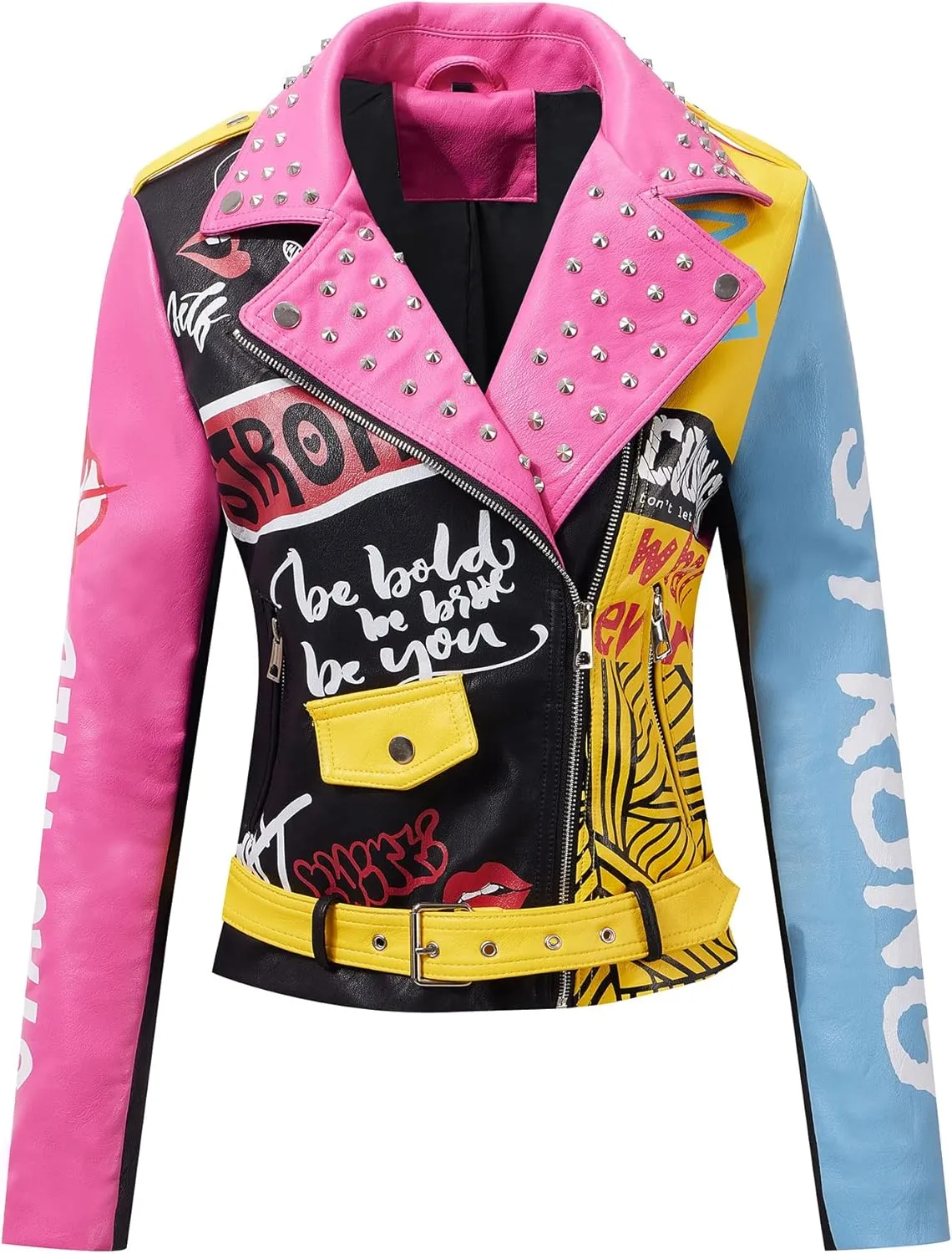 RISISSIDA Women Faux Leather Jacket Studded Rivet Spring Fall Winter Fashion, Moto Biker Trendy Clothes Streetwear Belted