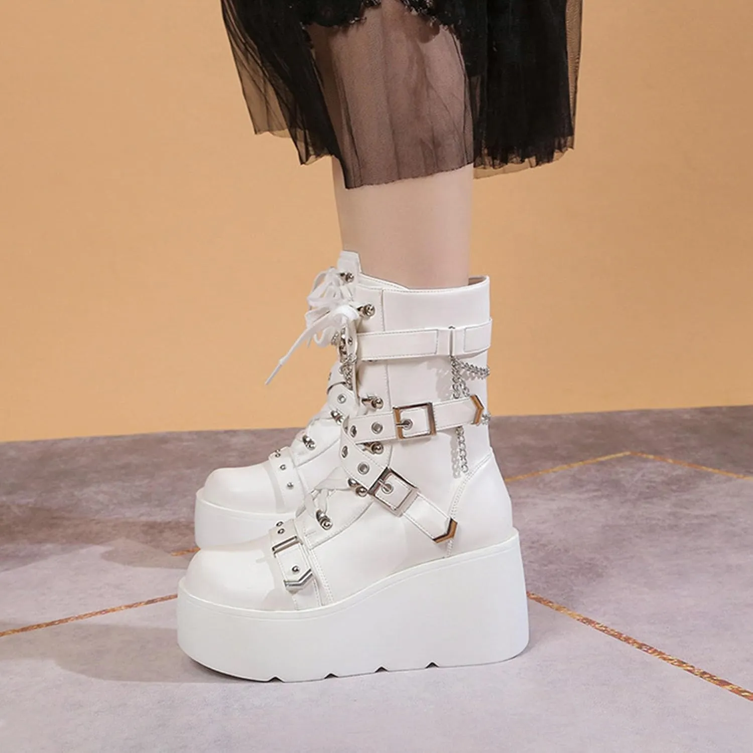SHEMEE Cute Wedge Platform Biker Boots for Women Y2k Punk Riding Motorcycle Boots Chunky High Heels Zipper Lace Up Combat Ankle Boots