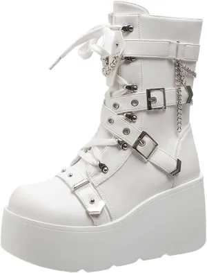 SHEMEE Cute Wedge Platform Biker Boots for Women Y2k Punk Riding Motorcycle Boots Chunky High Heels Zipper Lace Up Combat Ankle Boots