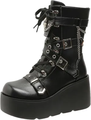 SHEMEE Cute Wedge Platform Biker Boots for Women Y2k Punk Riding Motorcycle Boots Chunky High Heels Zipper Lace Up Combat Ankle Boots