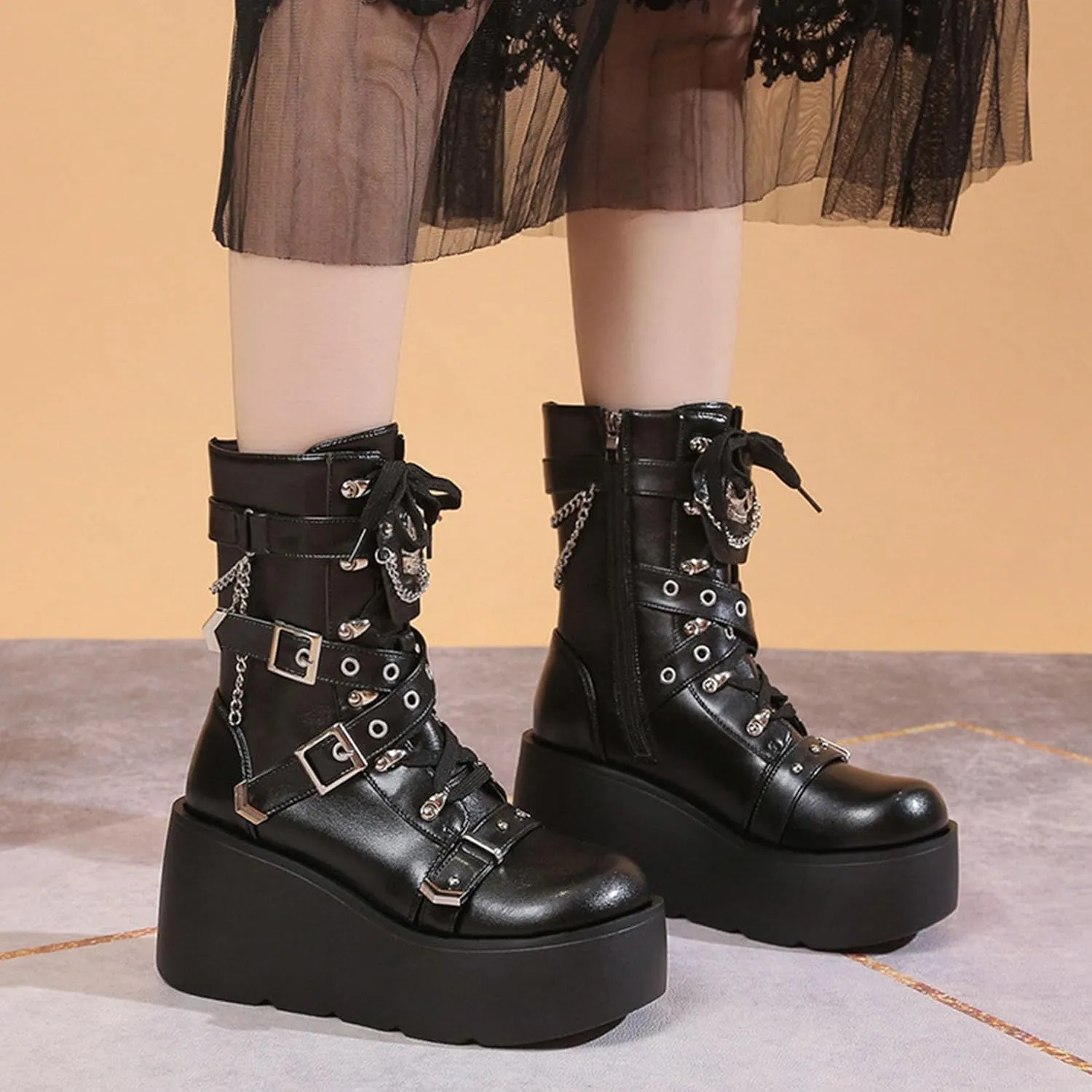 SHEMEE Cute Wedge Platform Biker Boots for Women Y2k Punk Riding Motorcycle Boots Chunky High Heels Zipper Lace Up Combat Ankle Boots