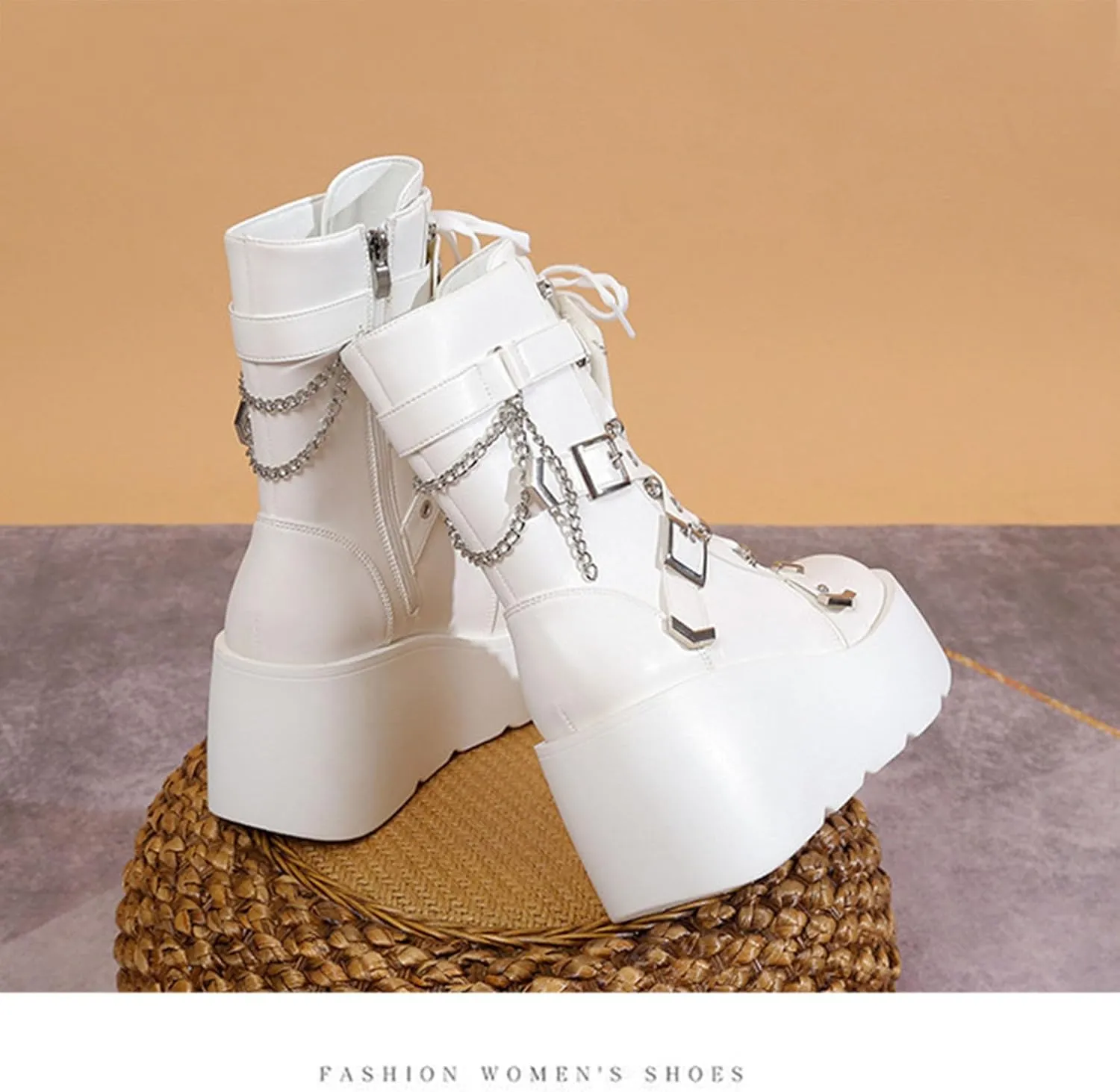 SHEMEE Cute Wedge Platform Biker Boots for Women Y2k Punk Riding Motorcycle Boots Chunky High Heels Zipper Lace Up Combat Ankle Boots
