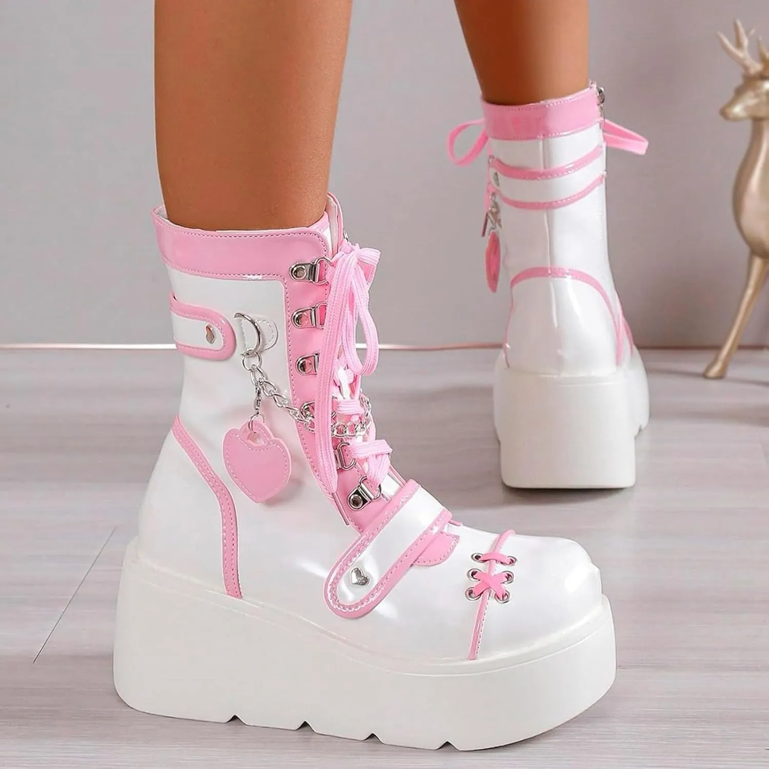 SHEMEE Cute Wedge Platform Biker Boots for Women Y2k Punk Riding Motorcycle Boots Chunky High Heels Zipper Lace Up Combat Ankle Boots