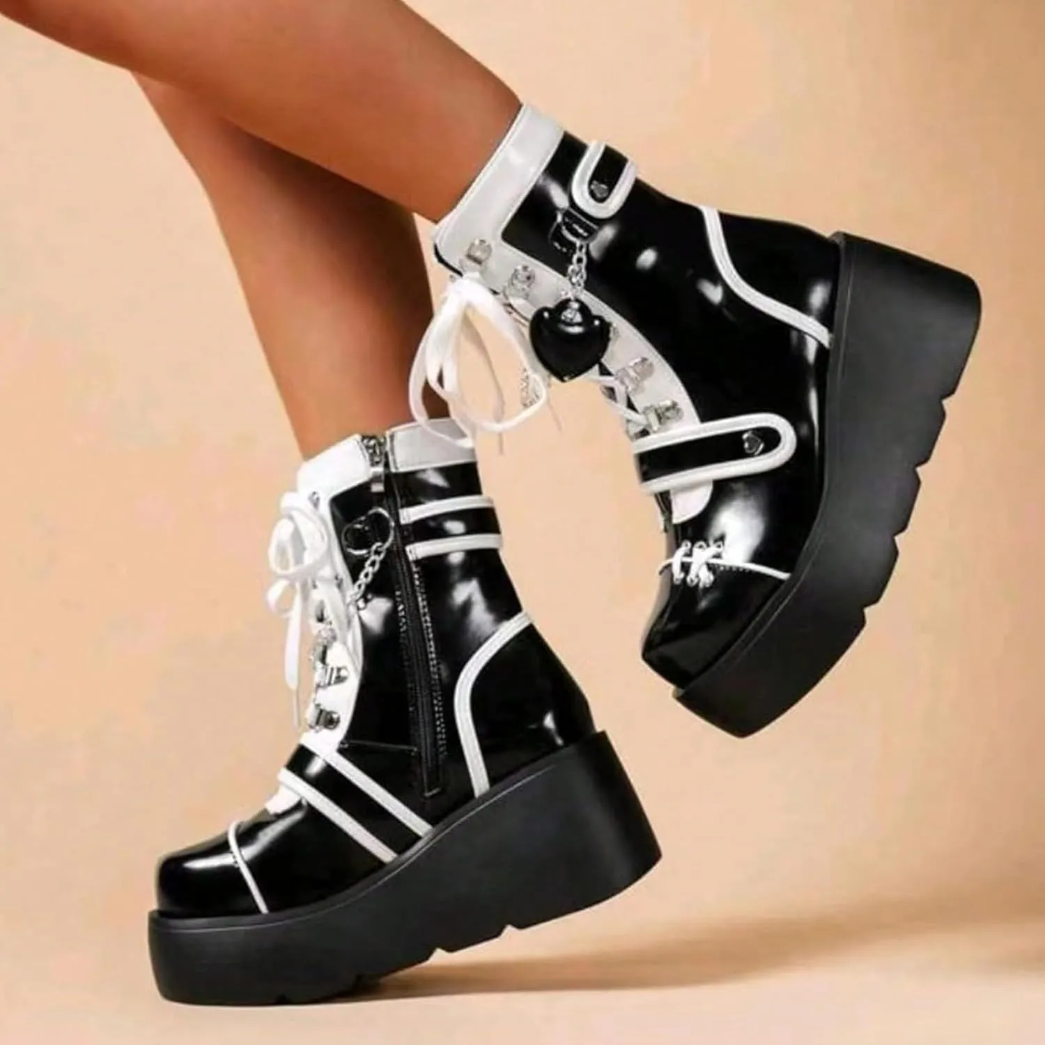 SHEMEE Cute Wedge Platform Biker Boots for Women Y2k Punk Riding Motorcycle Boots Chunky High Heels Zipper Lace Up Combat Ankle Boots