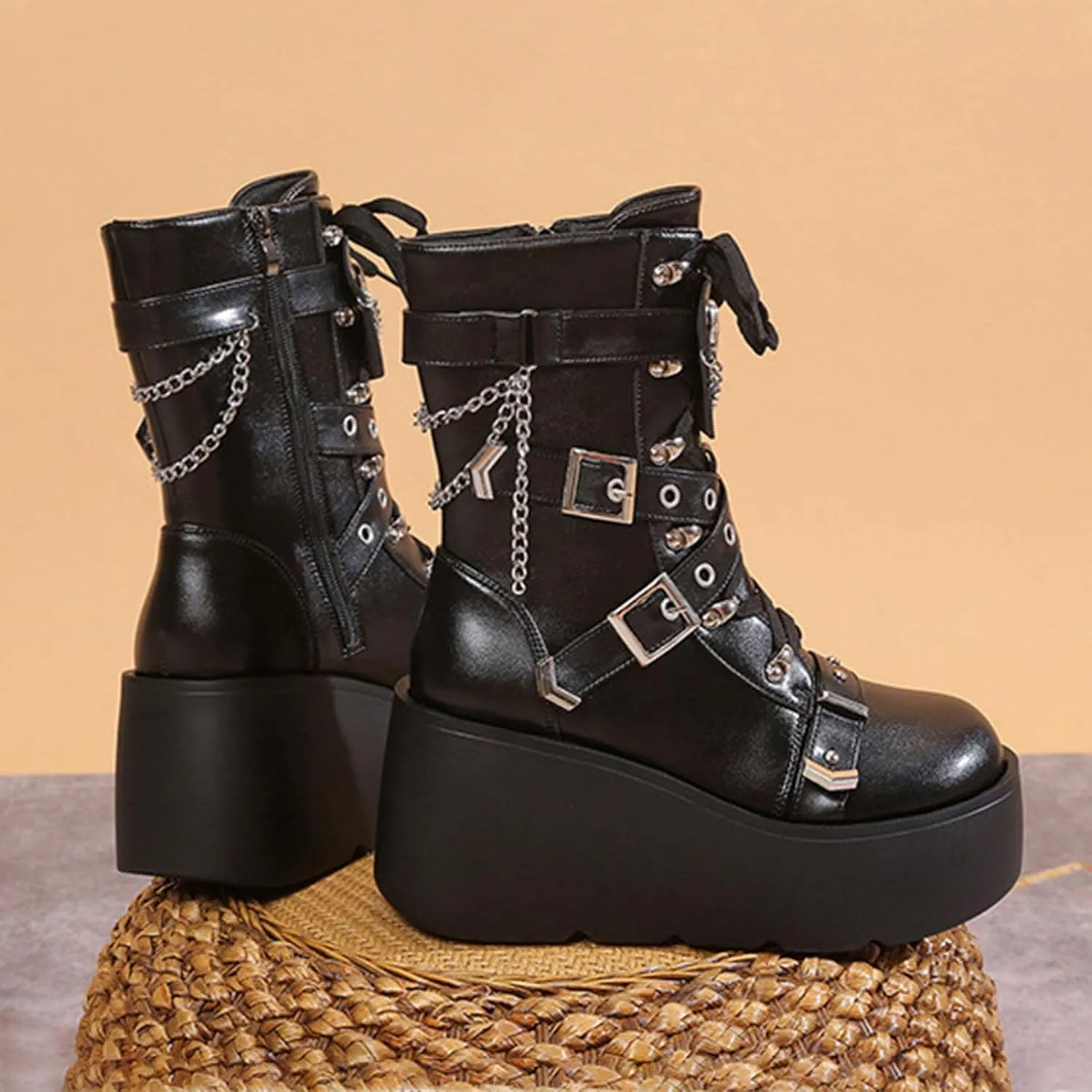 SHEMEE Cute Wedge Platform Biker Boots for Women Y2k Punk Riding Motorcycle Boots Chunky High Heels Zipper Lace Up Combat Ankle Boots