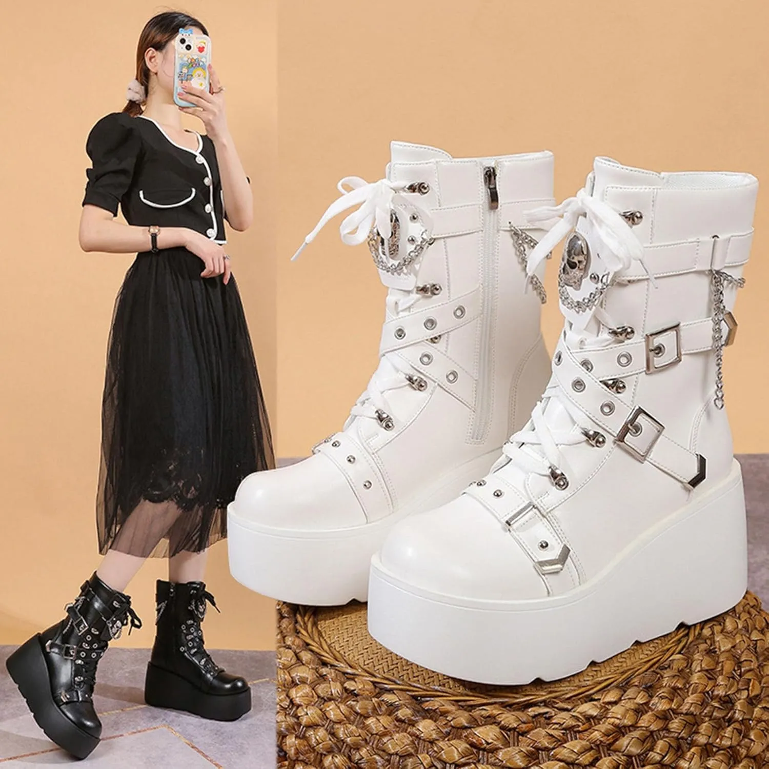 SHEMEE Cute Wedge Platform Biker Boots for Women Y2k Punk Riding Motorcycle Boots Chunky High Heels Zipper Lace Up Combat Ankle Boots