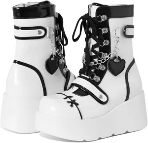 SHEMEE Cute Wedge Platform Biker Boots for Women Y2k Punk Riding Motorcycle Boots Chunky High Heels Zipper Lace Up Combat Ankle Boots