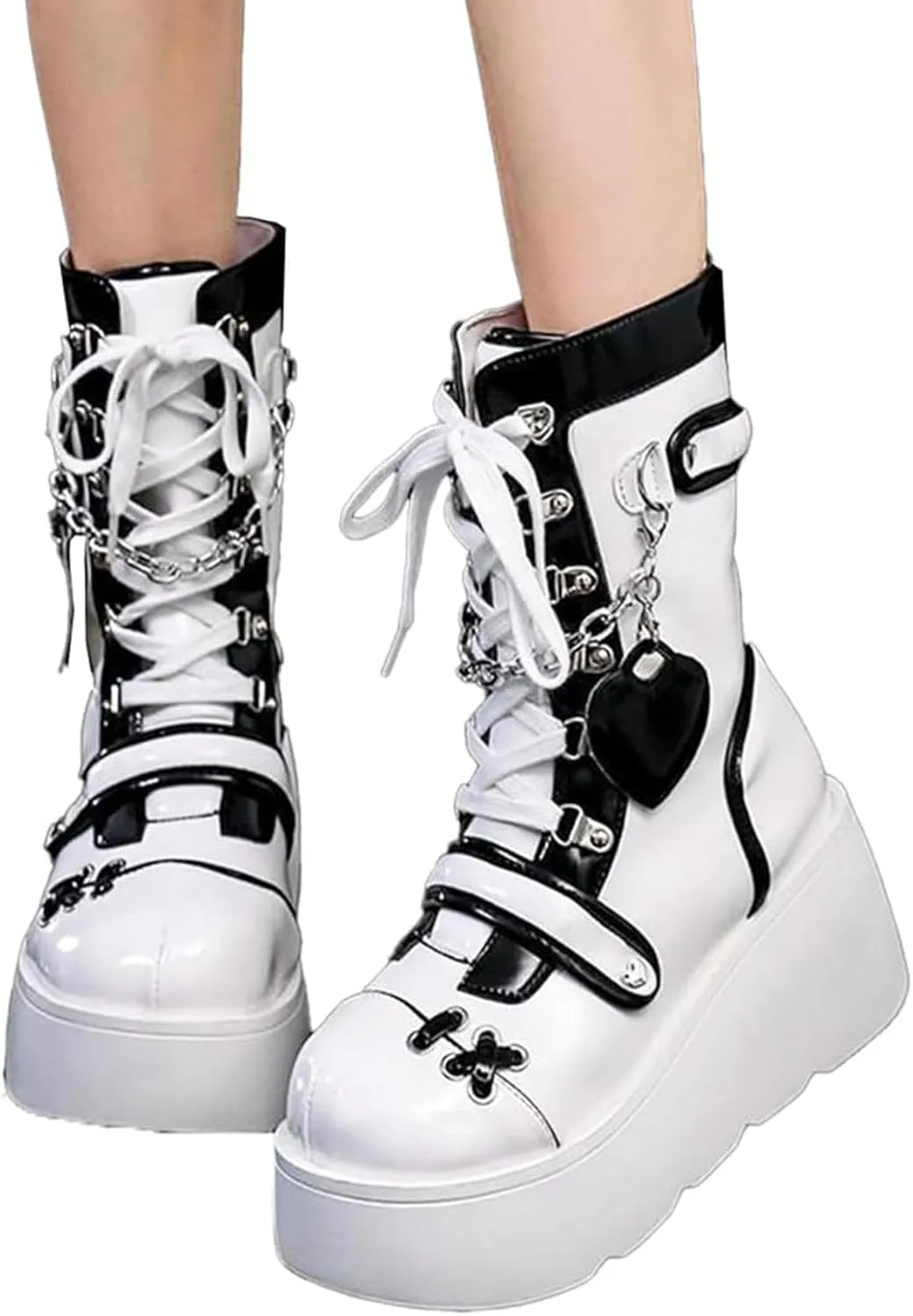 SHEMEE Cute Wedge Platform Biker Boots for Women Y2k Punk Riding Motorcycle Boots Chunky High Heels Zipper Lace Up Combat Ankle Boots