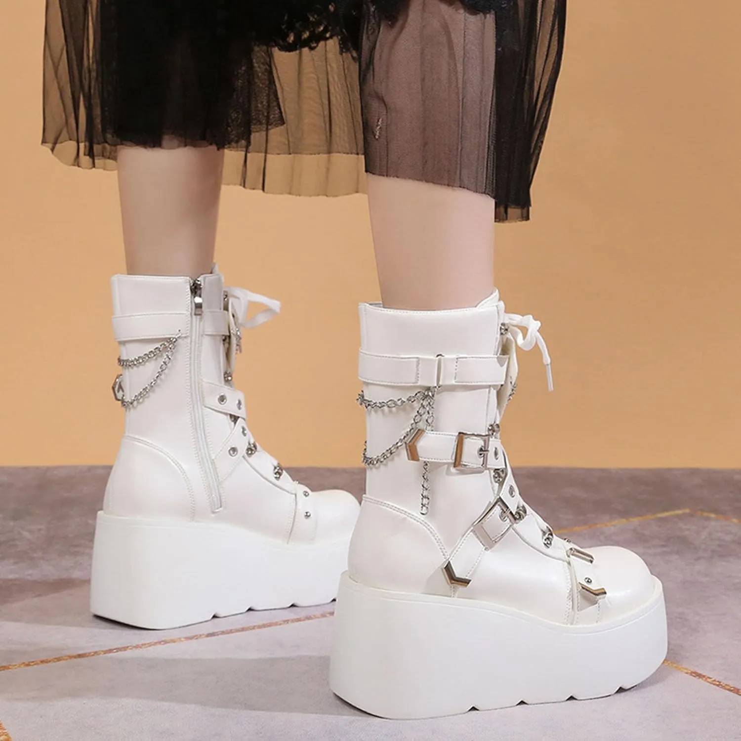 SHEMEE Cute Wedge Platform Biker Boots for Women Y2k Punk Riding Motorcycle Boots Chunky High Heels Zipper Lace Up Combat Ankle Boots