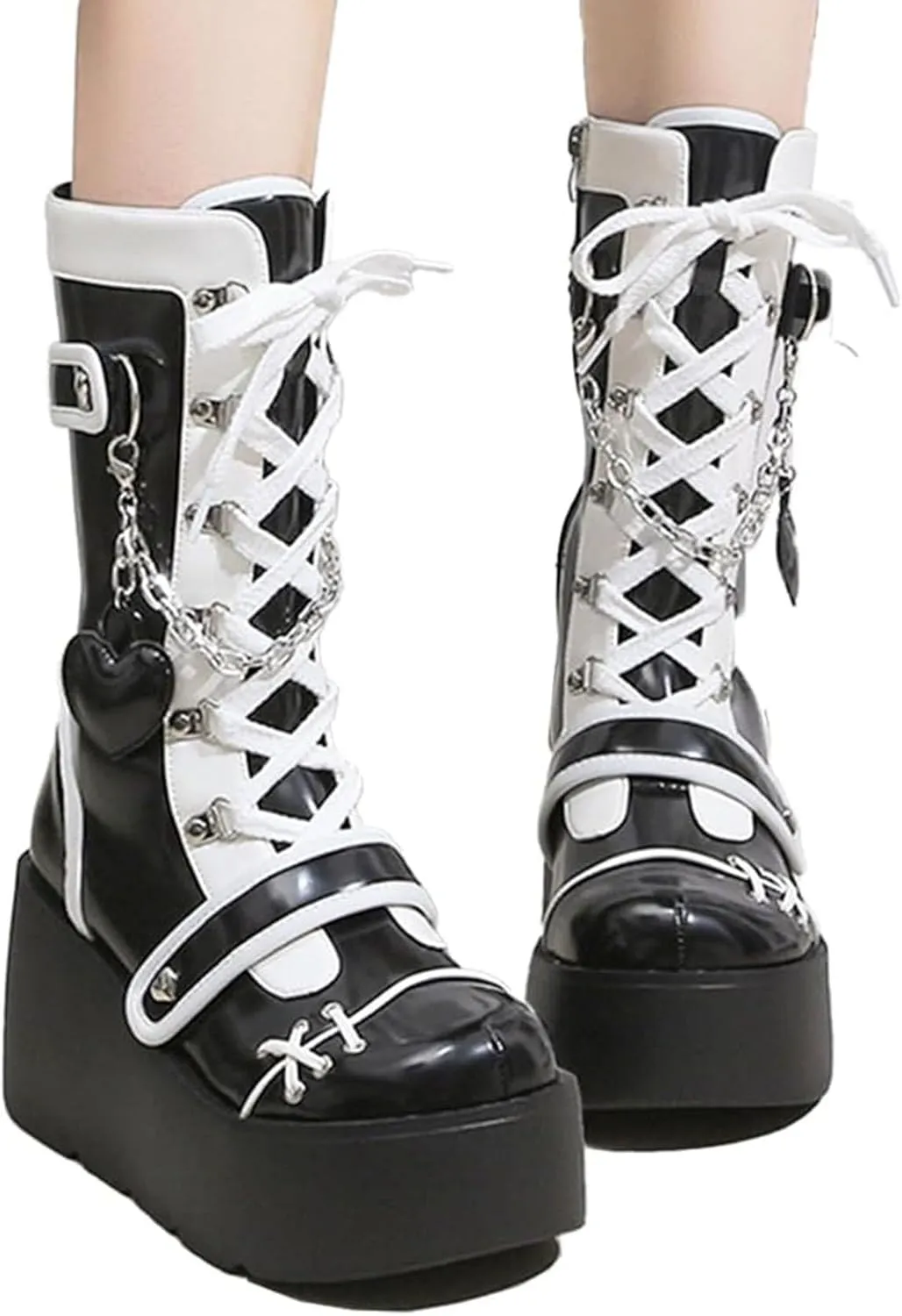 SHEMEE Cute Wedge Platform Biker Boots for Women Y2k Punk Riding Motorcycle Boots Chunky High Heels Zipper Lace Up Combat Ankle Boots