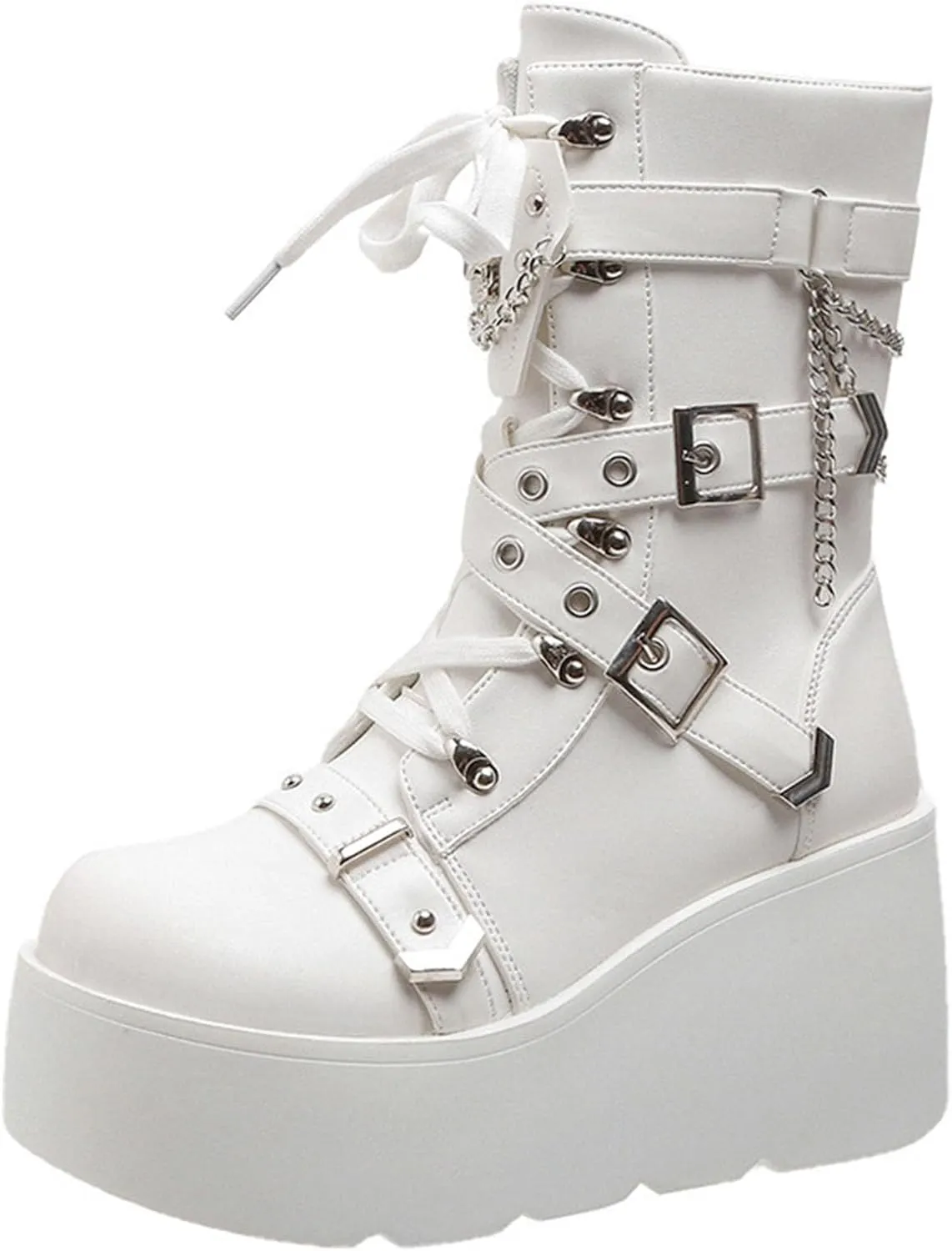 SHEMEE Cute Wedge Platform Biker Boots for Women Y2k Punk Riding Motorcycle Boots Chunky High Heels Zipper Lace Up Combat Ankle Boots