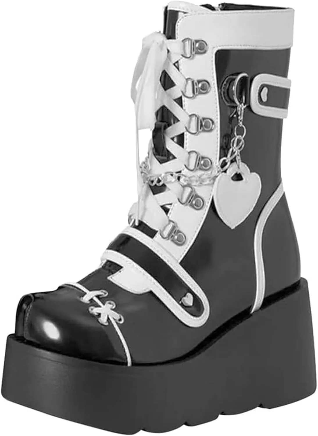 SHEMEE Cute Wedge Platform Biker Boots for Women Y2k Punk Riding Motorcycle Boots Chunky High Heels Zipper Lace Up Combat Ankle Boots