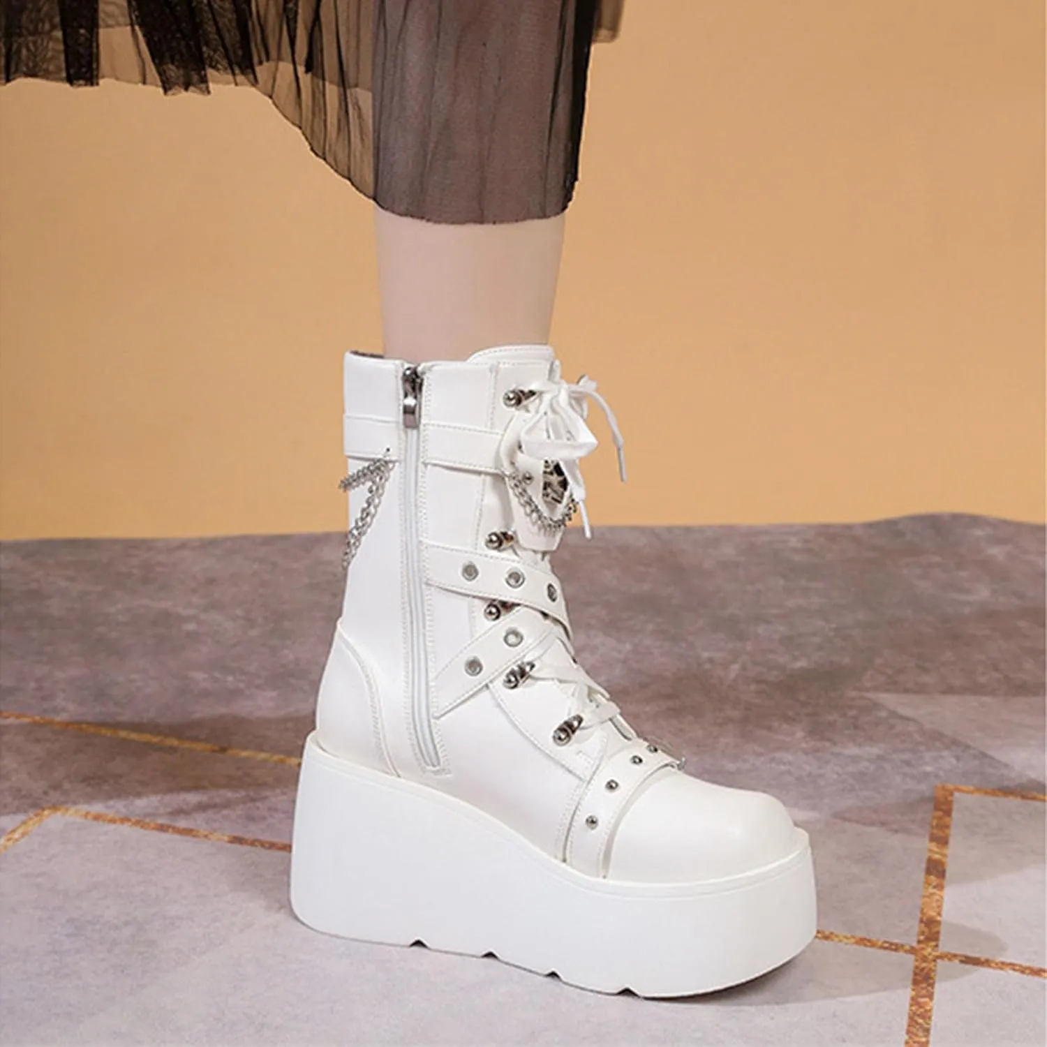SHEMEE Cute Wedge Platform Biker Boots for Women Y2k Punk Riding Motorcycle Boots Chunky High Heels Zipper Lace Up Combat Ankle Boots