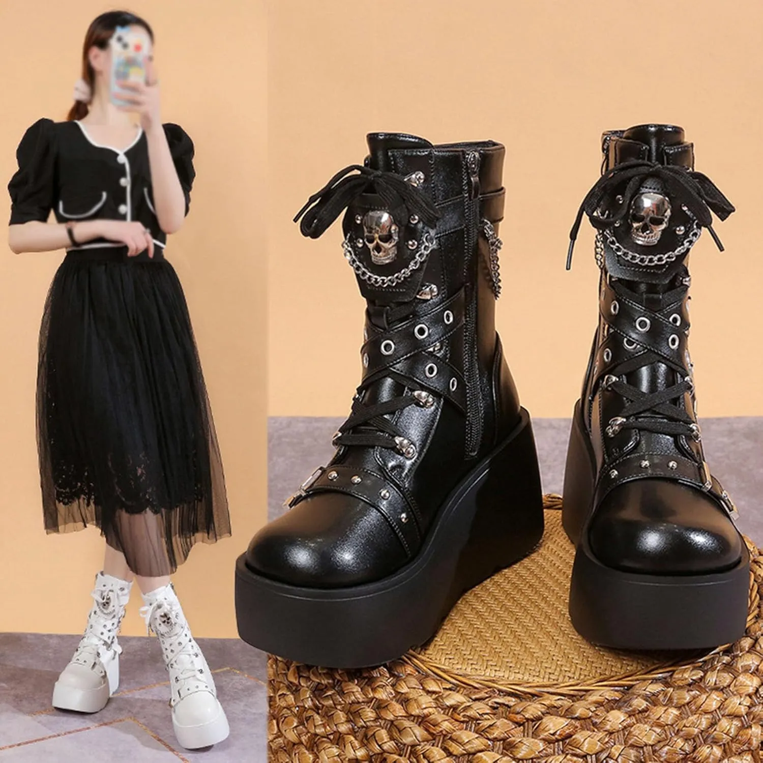 SHEMEE Cute Wedge Platform Biker Boots for Women Y2k Punk Riding Motorcycle Boots Chunky High Heels Zipper Lace Up Combat Ankle Boots