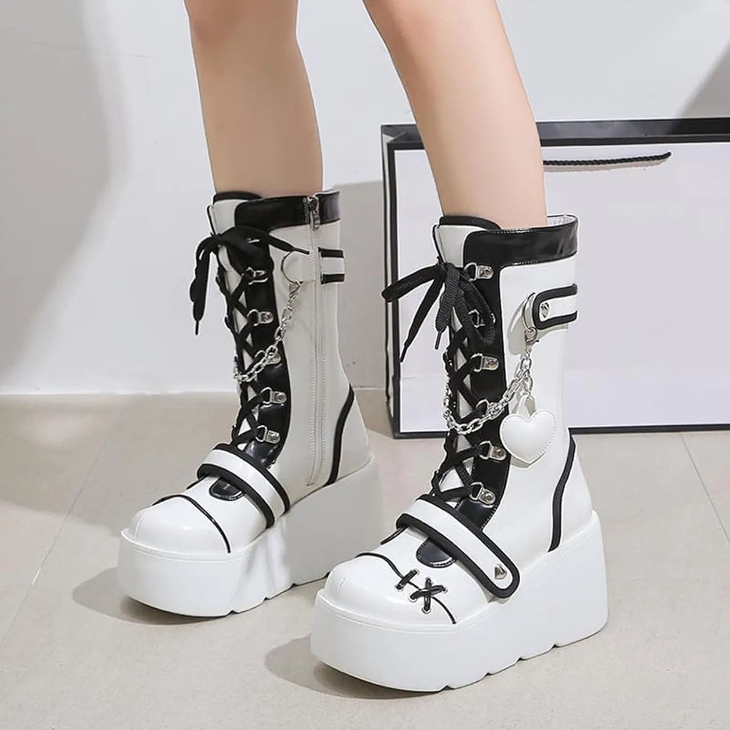 SHEMEE Cute Wedge Platform Biker Boots for Women Y2k Punk Riding Motorcycle Boots Chunky High Heels Zipper Lace Up Combat Ankle Boots