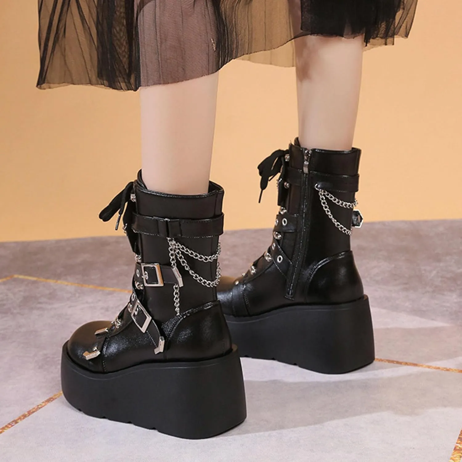 SHEMEE Cute Wedge Platform Biker Boots for Women Y2k Punk Riding Motorcycle Boots Chunky High Heels Zipper Lace Up Combat Ankle Boots