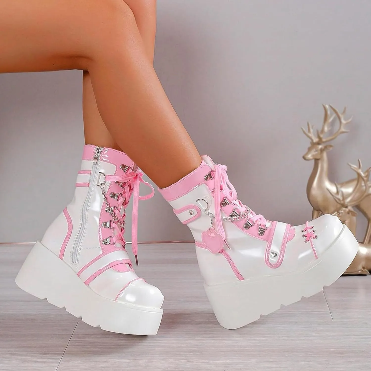 SHEMEE Cute Wedge Platform Biker Boots for Women Y2k Punk Riding Motorcycle Boots Chunky High Heels Zipper Lace Up Combat Ankle Boots