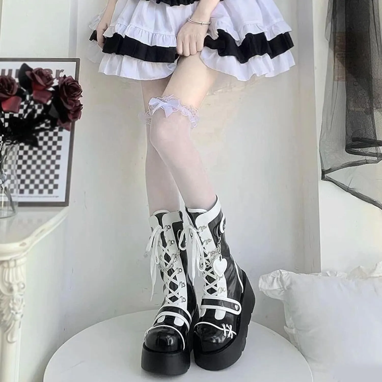 SHEMEE Cute Wedge Platform Biker Boots for Women Y2k Punk Riding Motorcycle Boots Chunky High Heels Zipper Lace Up Combat Ankle Boots