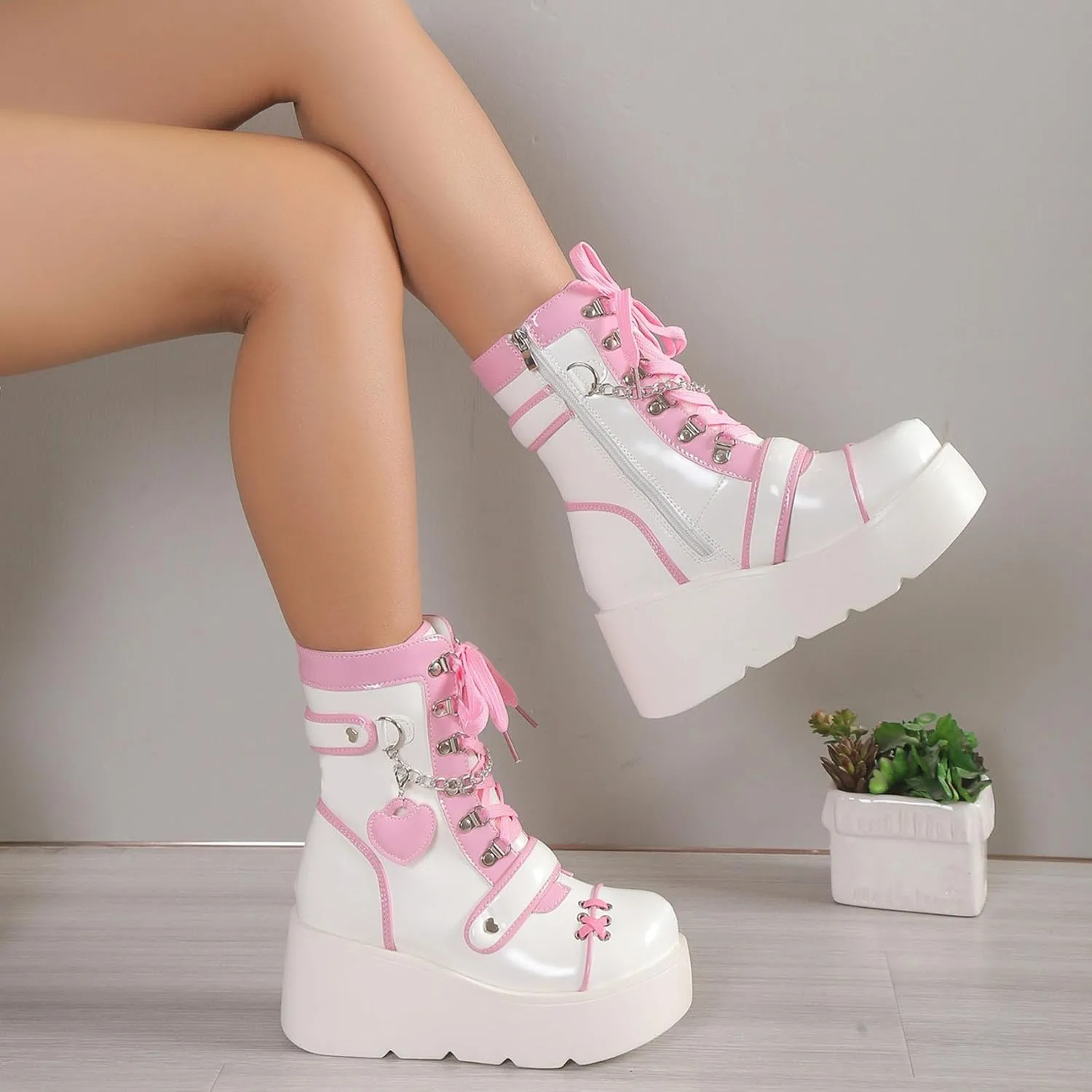 SHEMEE Cute Wedge Platform Biker Boots for Women Y2k Punk Riding Motorcycle Boots Chunky High Heels Zipper Lace Up Combat Ankle Boots