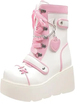 SHEMEE Cute Wedge Platform Biker Boots for Women Y2k Punk Riding Motorcycle Boots Chunky High Heels Zipper Lace Up Combat Ankle Boots
