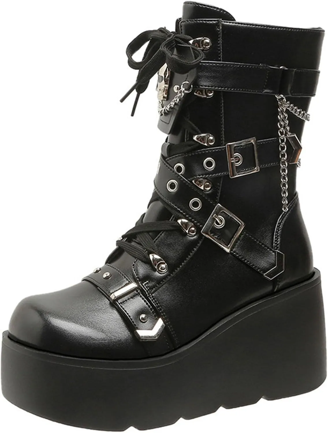 SHEMEE Cute Wedge Platform Biker Boots for Women Y2k Punk Riding Motorcycle Boots Chunky High Heels Zipper Lace Up Combat Ankle Boots