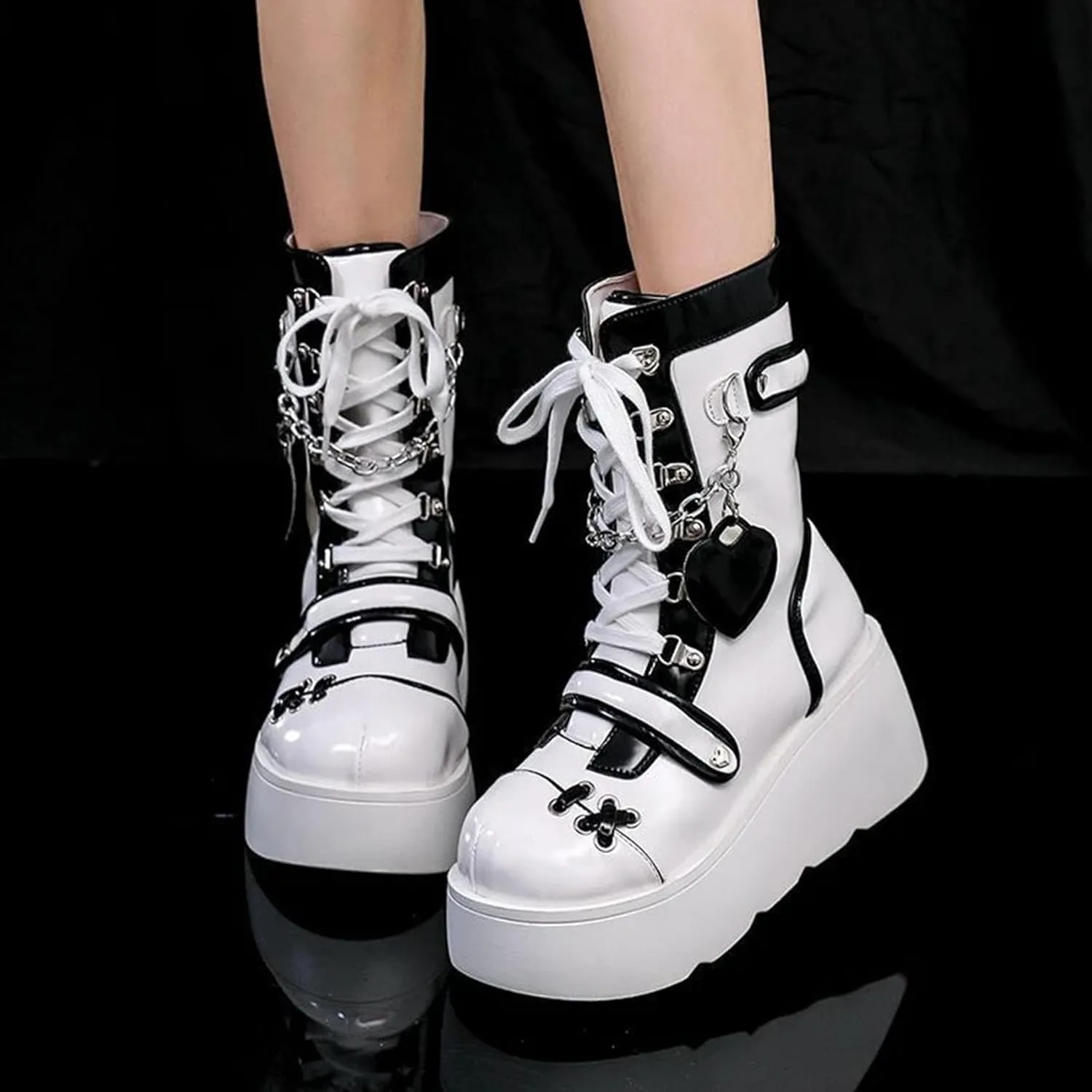 SHEMEE Cute Wedge Platform Biker Boots for Women Y2k Punk Riding Motorcycle Boots Chunky High Heels Zipper Lace Up Combat Ankle Boots