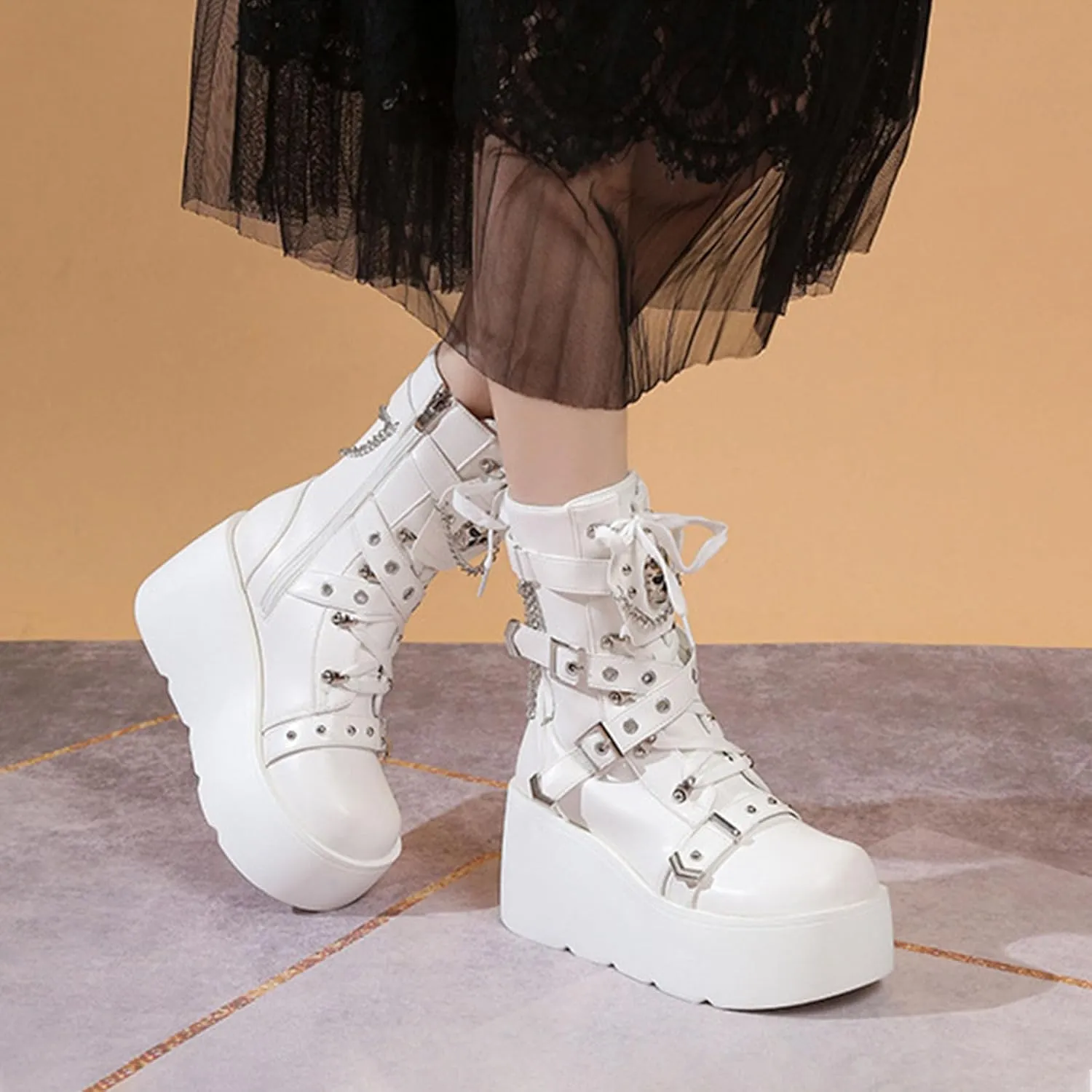SHEMEE Cute Wedge Platform Biker Boots for Women Y2k Punk Riding Motorcycle Boots Chunky High Heels Zipper Lace Up Combat Ankle Boots