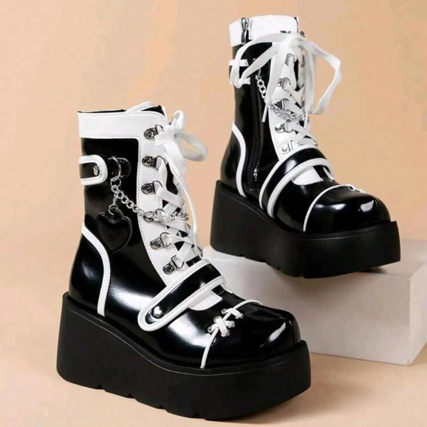 SHEMEE Cute Wedge Platform Biker Boots for Women Y2k Punk Riding Motorcycle Boots Chunky High Heels Zipper Lace Up Combat Ankle Boots