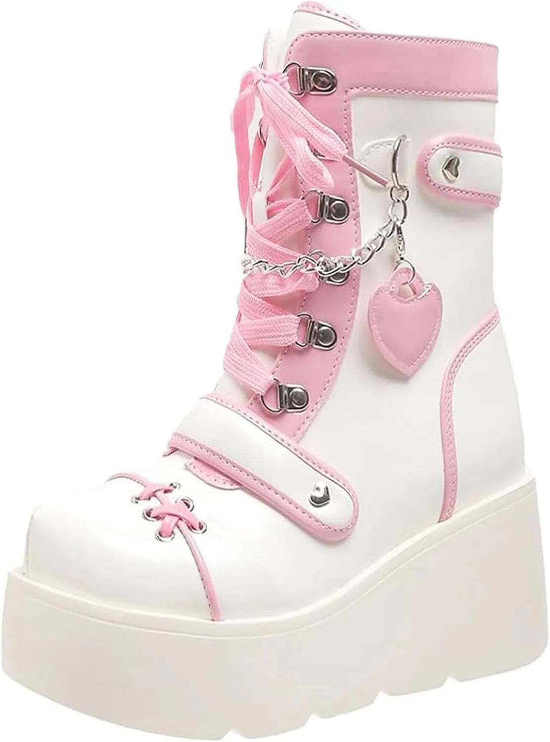 SHEMEE Cute Wedge Platform Biker Boots for Women Y2k Punk Riding Motorcycle Boots Chunky High Heels Zipper Lace Up Combat Ankle Boots