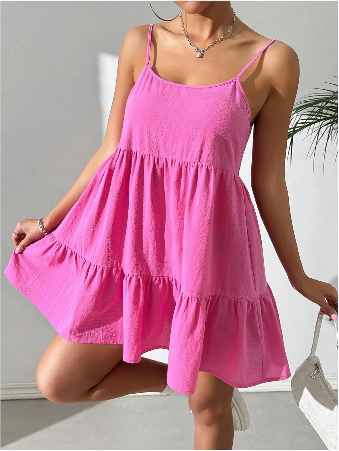 SHENHE Women's Open Back Ruffle Hem Spaghetti Strap Babydoll Dress Flowy Short Dress