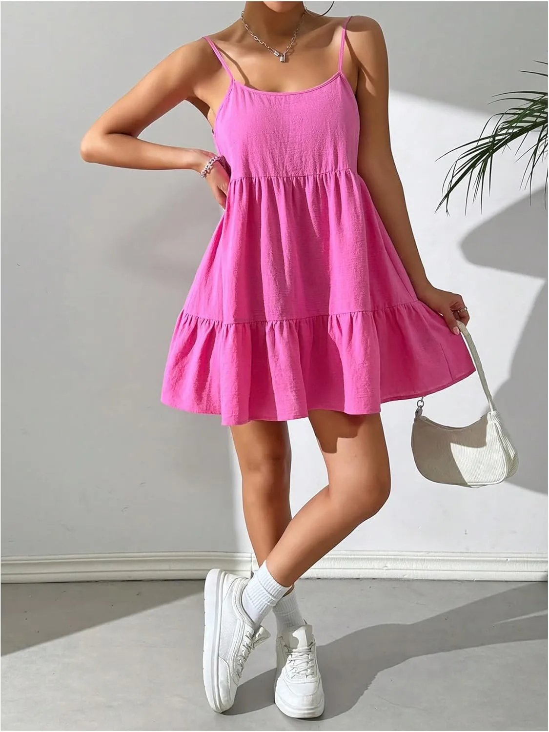 SHENHE Women's Open Back Ruffle Hem Spaghetti Strap Babydoll Dress Flowy Short Dress