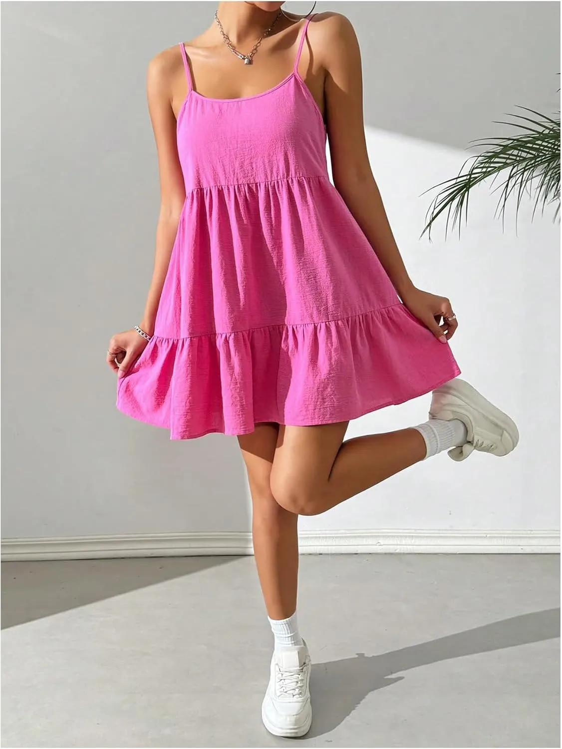 SHENHE Women's Open Back Ruffle Hem Spaghetti Strap Babydoll Dress Flowy Short Dress