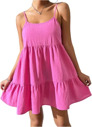 SHENHE Women's Open Back Ruffle Hem Spaghetti Strap Babydoll Dress Flowy Short Dress