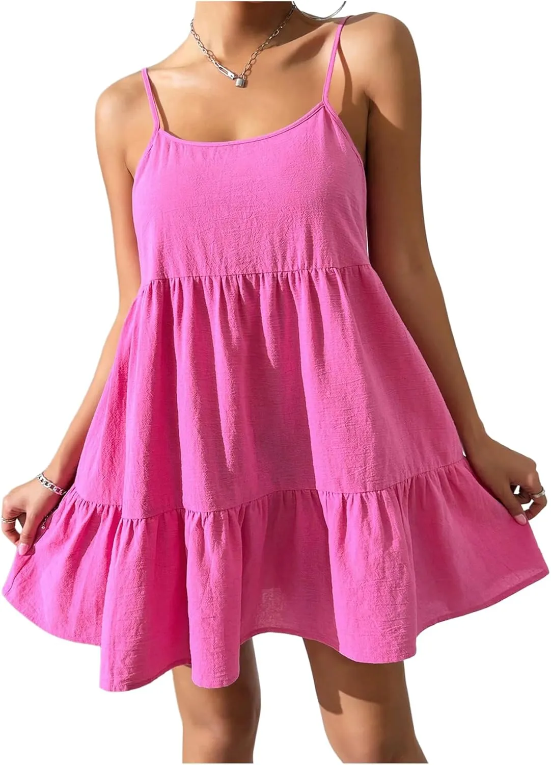 SHENHE Women's Open Back Ruffle Hem Spaghetti Strap Babydoll Dress Flowy Short Dress