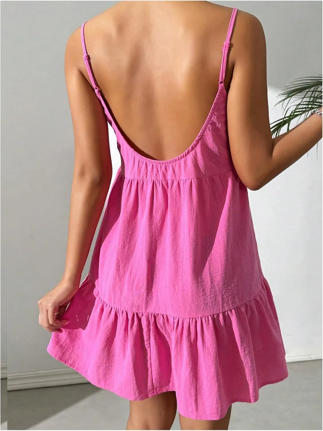 SHENHE Women's Open Back Ruffle Hem Spaghetti Strap Babydoll Dress Flowy Short Dress