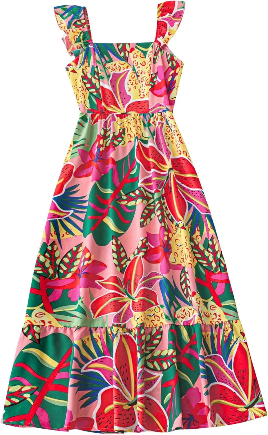 SHENHE Women's Summer Ruffle Dress Colorful Floral Smocked Flowy Long Boho Dress Vacation