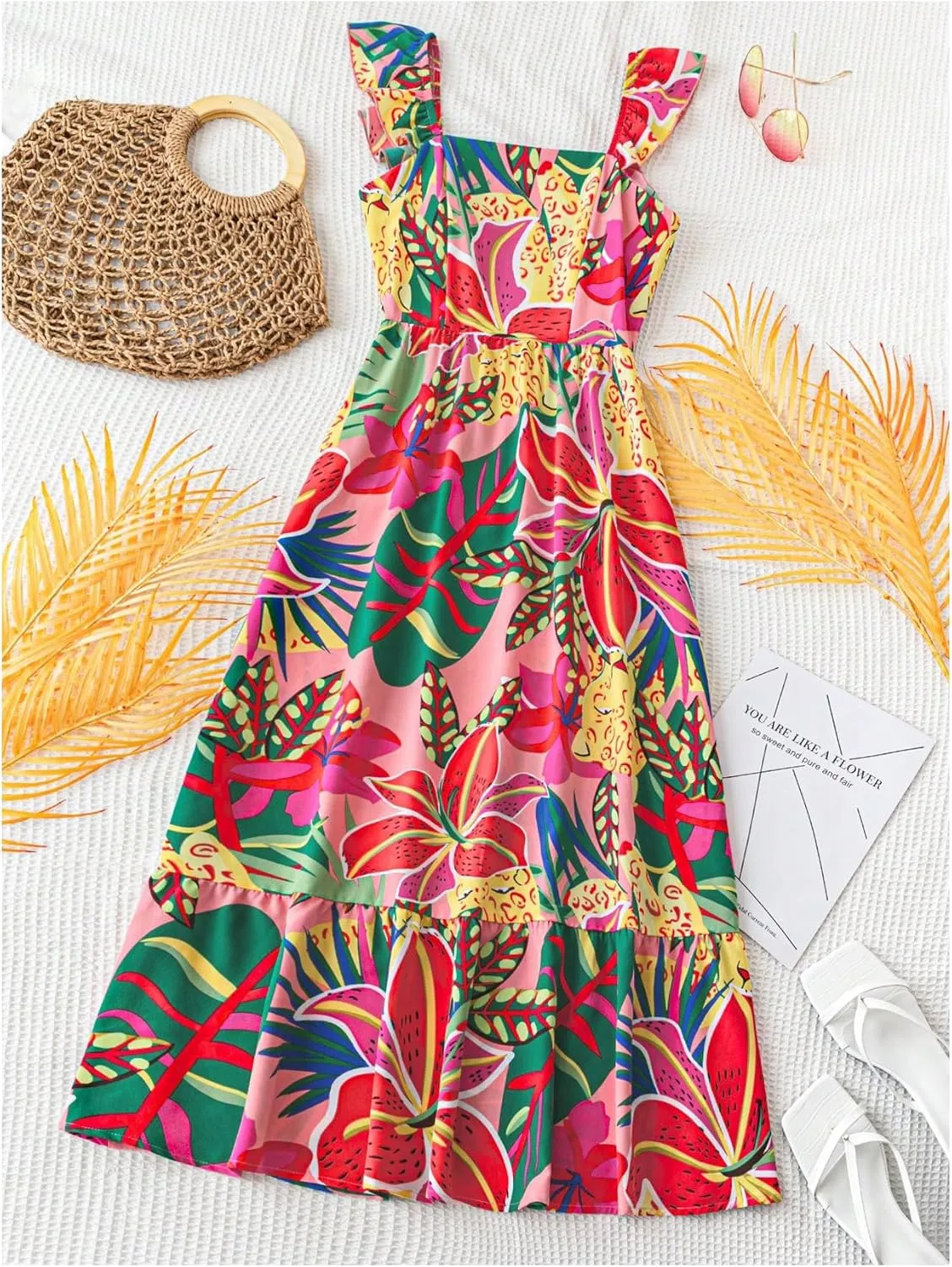 SHENHE Women's Summer Ruffle Dress Colorful Floral Smocked Flowy Long Boho Dress Vacation