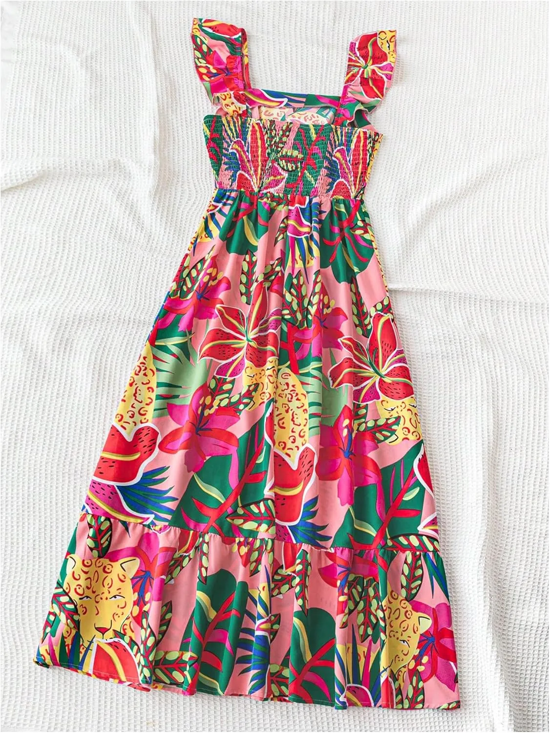 SHENHE Women's Summer Ruffle Dress Colorful Floral Smocked Flowy Long Boho Dress Vacation