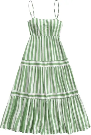 SHENHE Women's Summer Striped Smocked Spaghetti Strap Ruffle Tiered Flowy Maxi Dress Sundress
