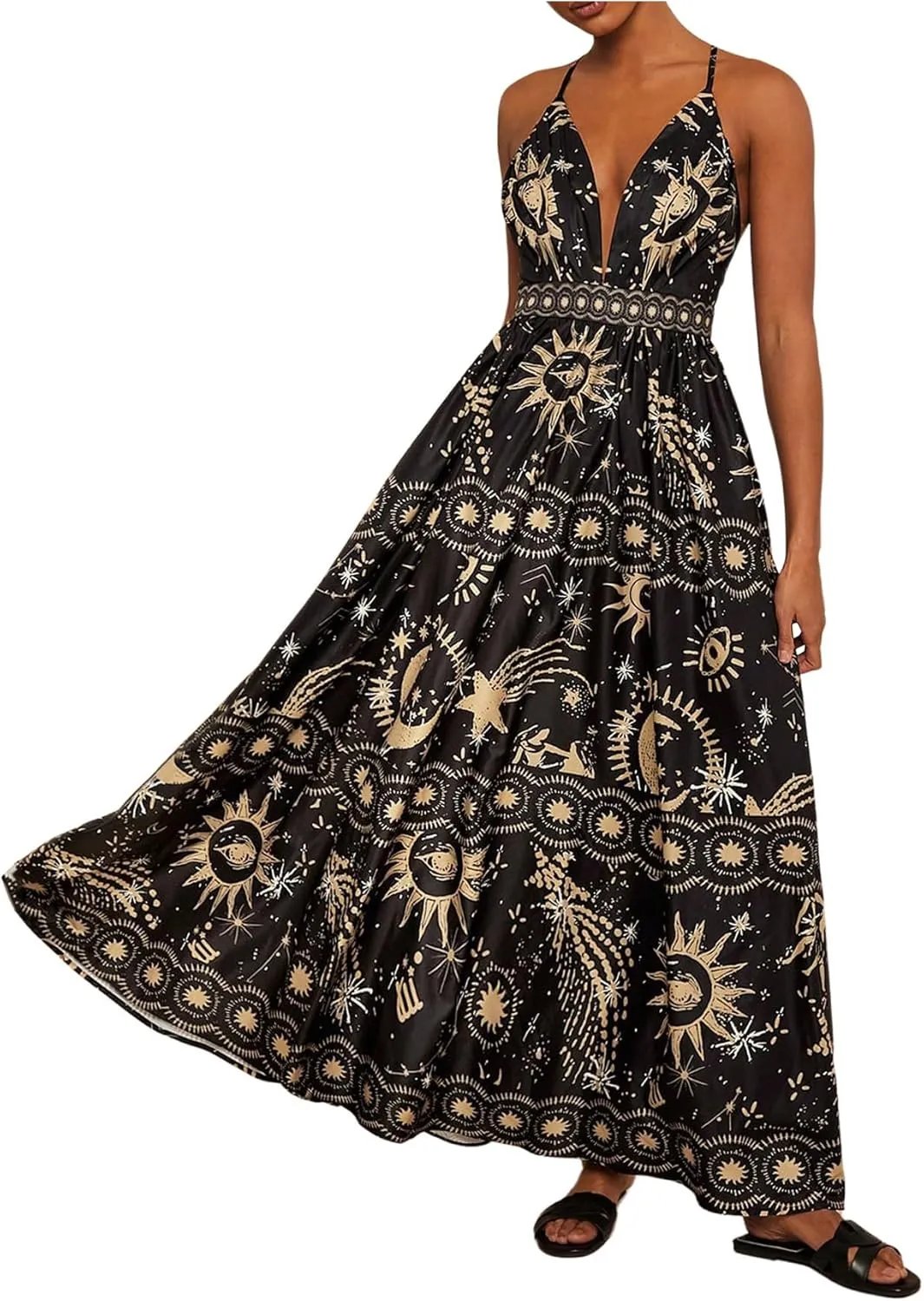 SHENHE Women's Summer Tropical Sundress Deep V Neck Criss Cross Backless Flowy Maxi Dress