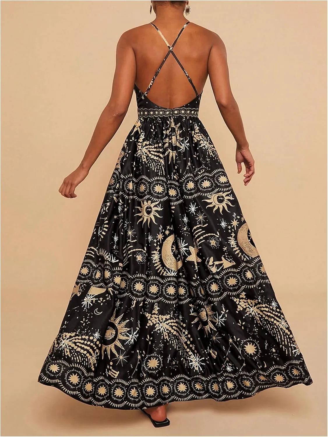 SHENHE Women's Summer Tropical Sundress Deep V Neck Criss Cross Backless Flowy Maxi Dress