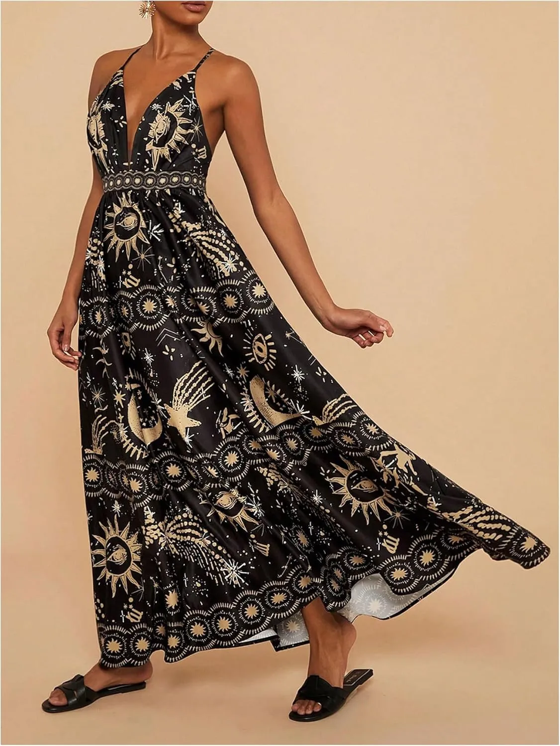 SHENHE Women's Summer Tropical Sundress Deep V Neck Criss Cross Backless Flowy Maxi Dress