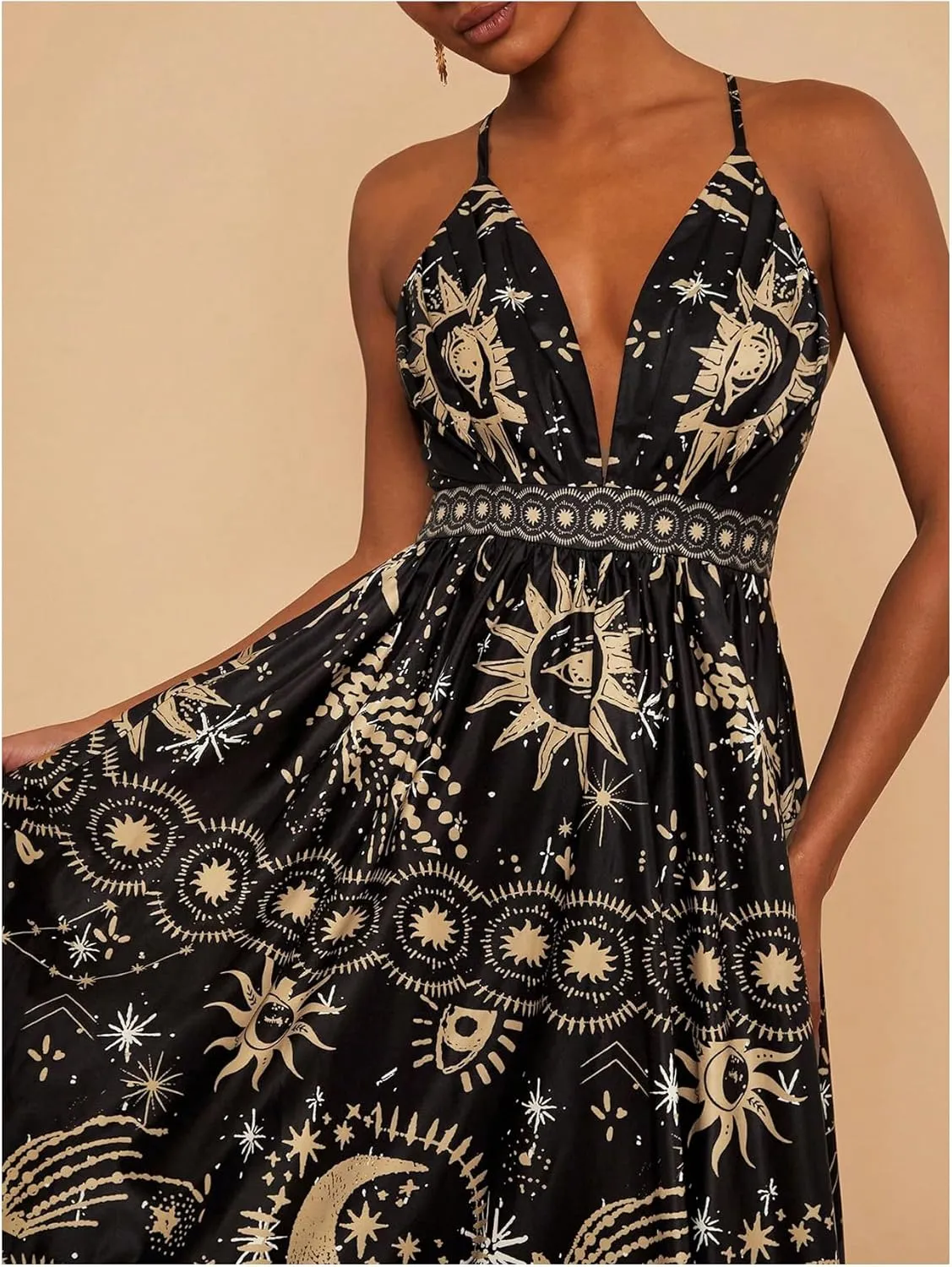 SHENHE Women's Summer Tropical Sundress Deep V Neck Criss Cross Backless Flowy Maxi Dress