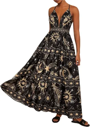 SHENHE Women's Summer Tropical Sundress Deep V Neck Criss Cross Backless Flowy Maxi Dress