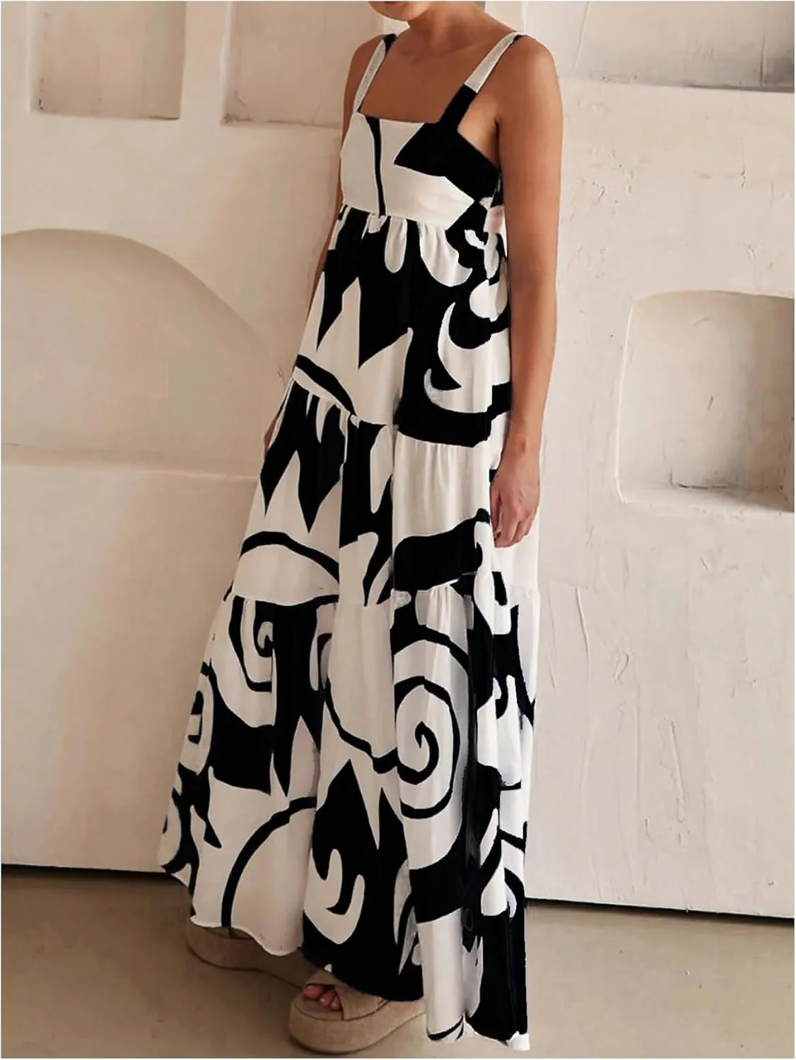 SHENHE Women's Tiered Boho Maxi Dress Patterned Flowy Dress Smocked Ruffle Summer Vacation