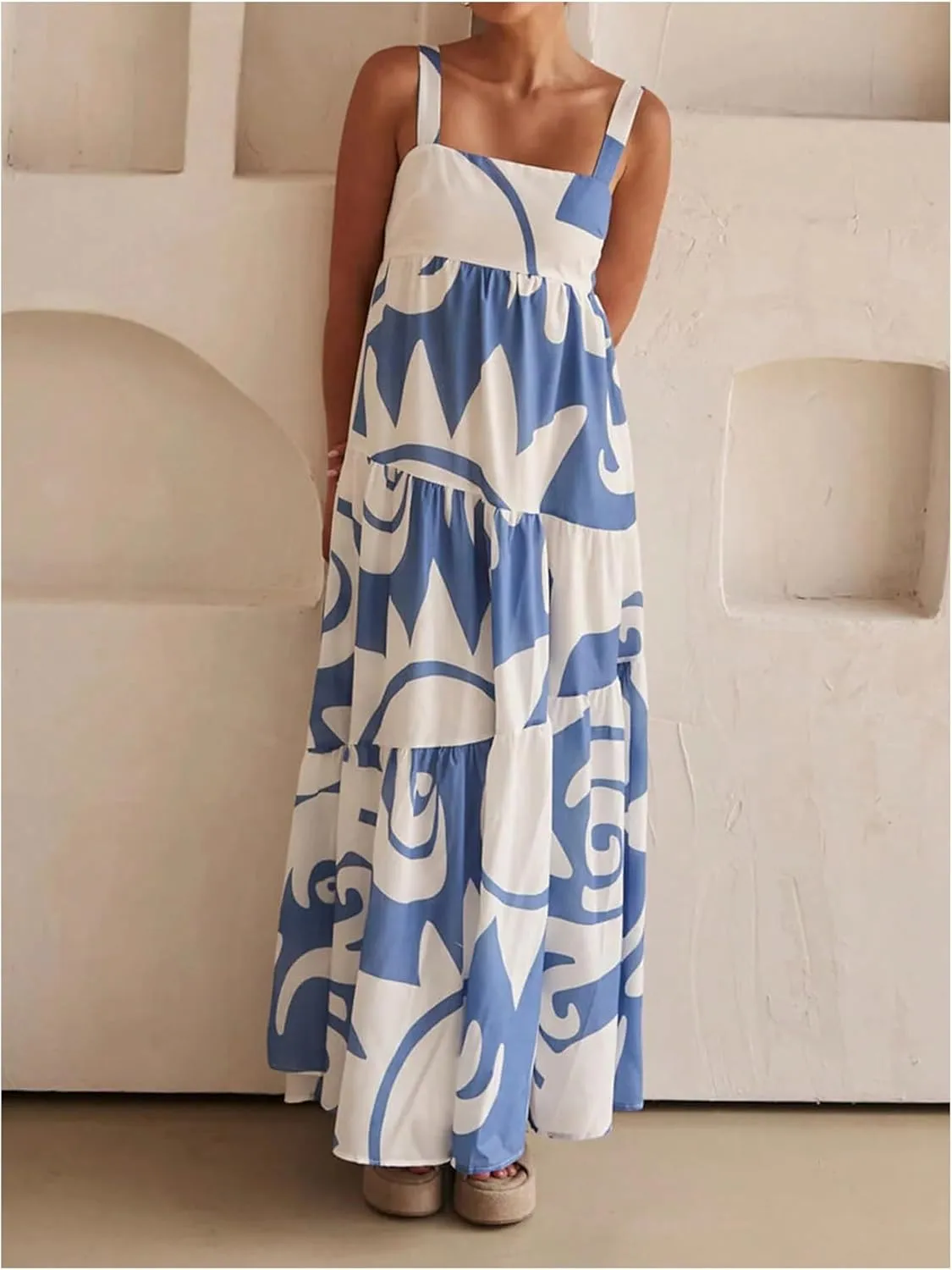 SHENHE Women's Tiered Boho Maxi Dress Patterned Flowy Dress Smocked Ruffle Summer Vacation